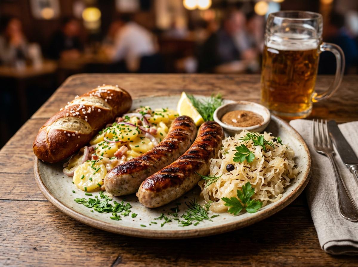 Traditional German bratwurst platter with sauerkraut and pretzel