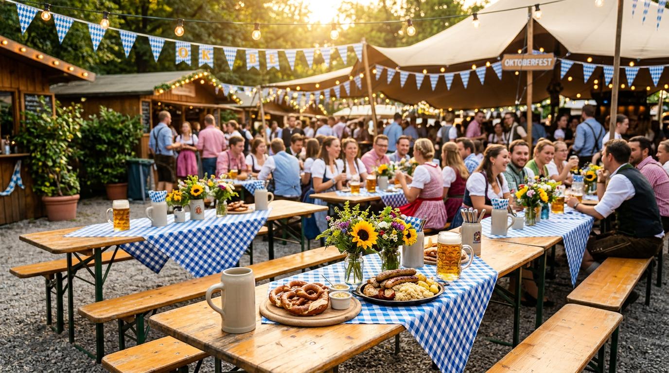 Festive Oktoberfest outdoor catering setup with German food and decorations
