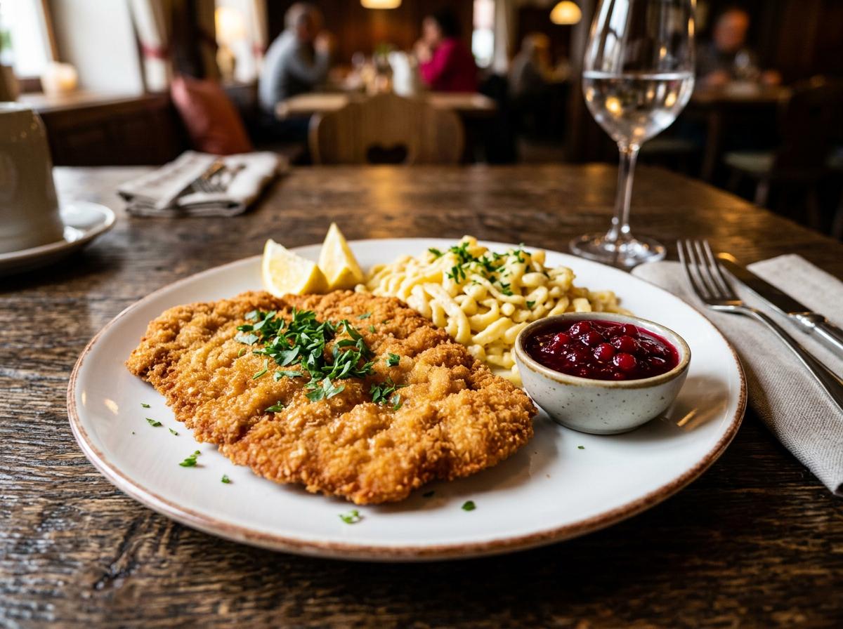 Golden crispy Wiener Schnitzel with lemon and lingonberry sauce