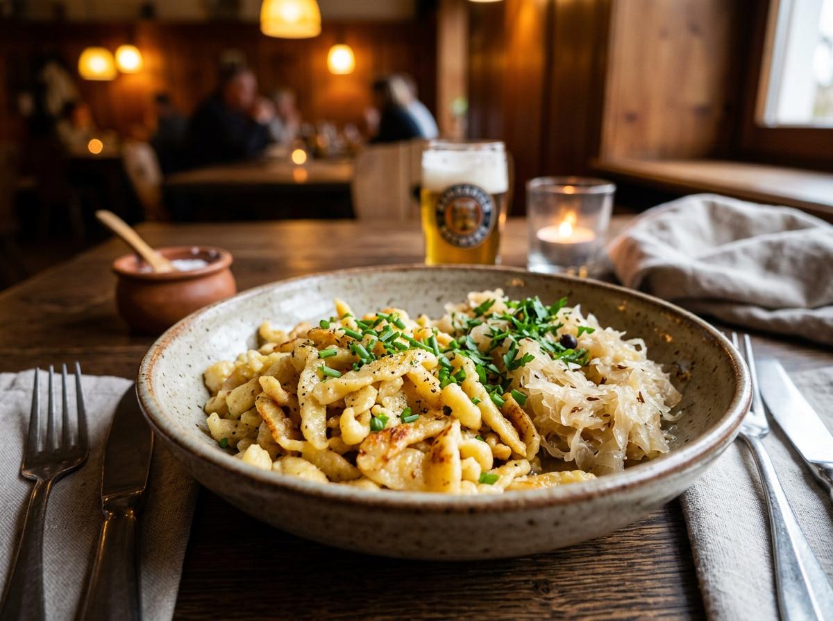 Buttered German spaetzle noodles with fresh herbs