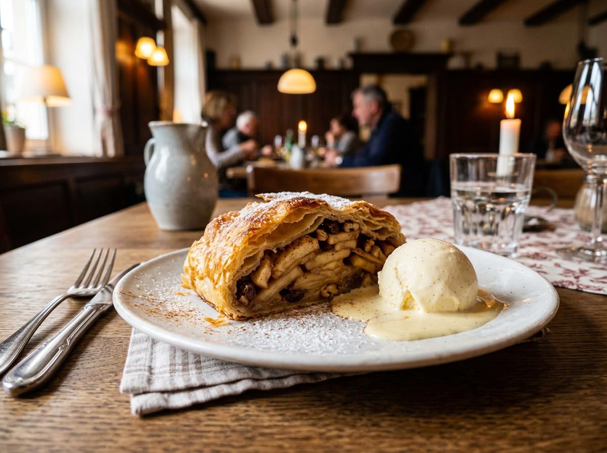 Freshly baked apple strudel with vanilla ice cream