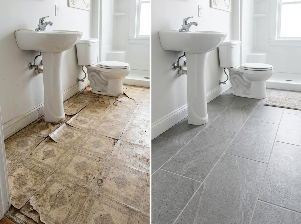 Before and after bathroom floor tile installation renovation