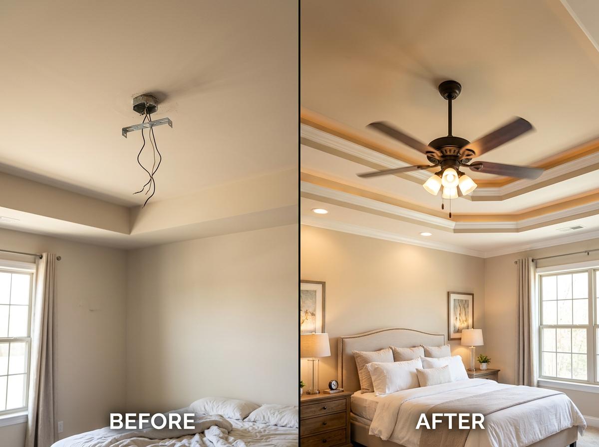 Before and after ceiling fan installation in master bedroom