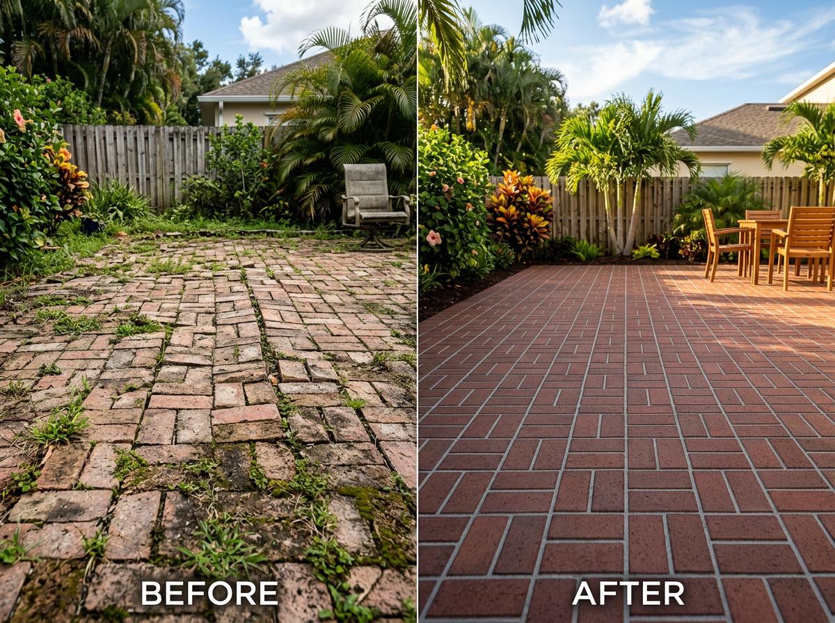 Before and after paver patio leveling and restoration