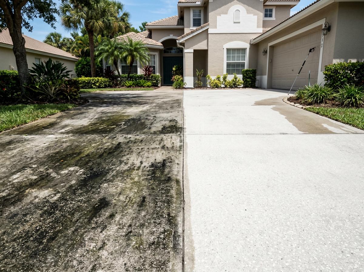 Before and after pressure washing of dirty concrete driveway in Florida