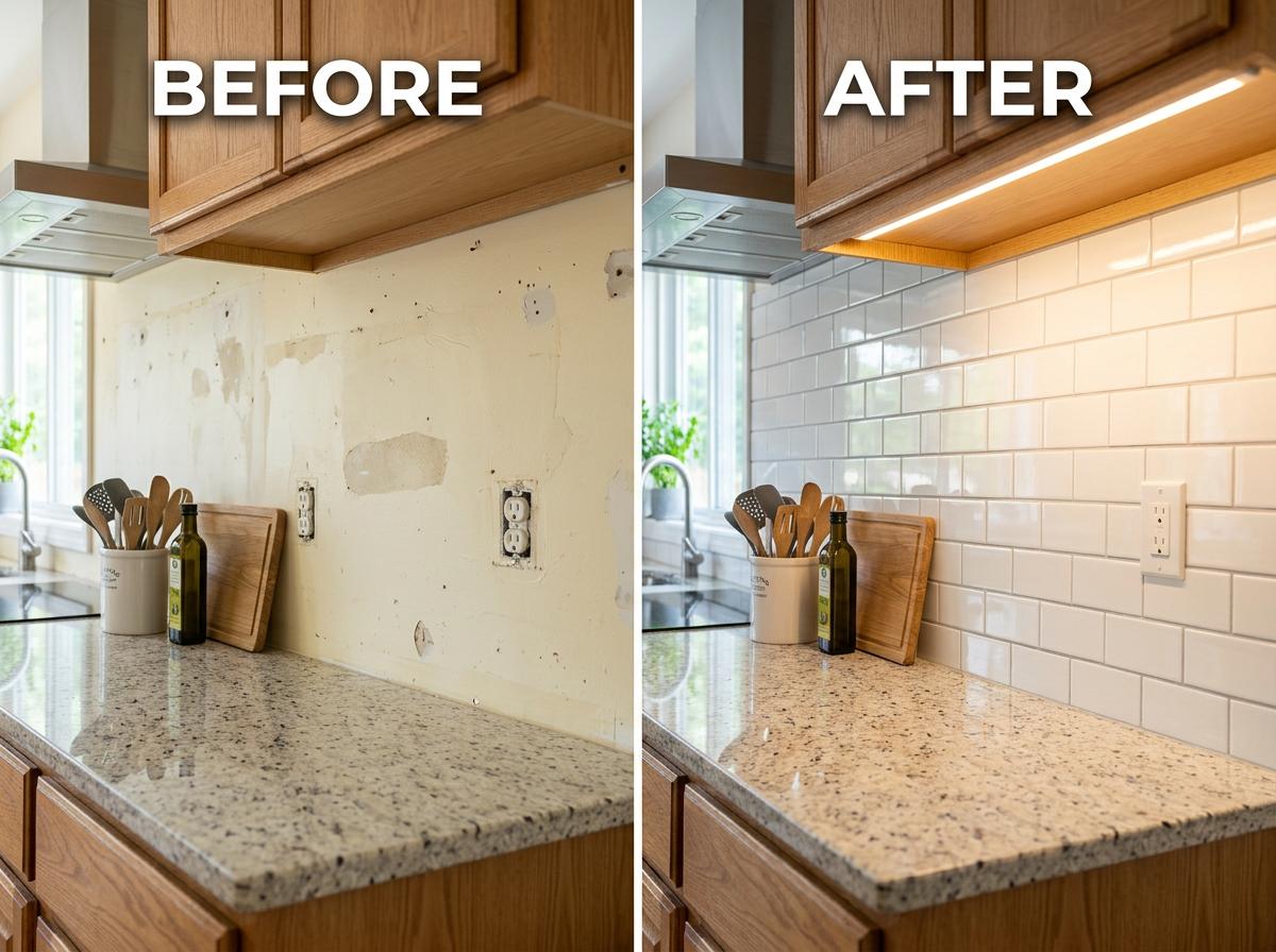 Before and after kitchen backsplash tile installation transformation