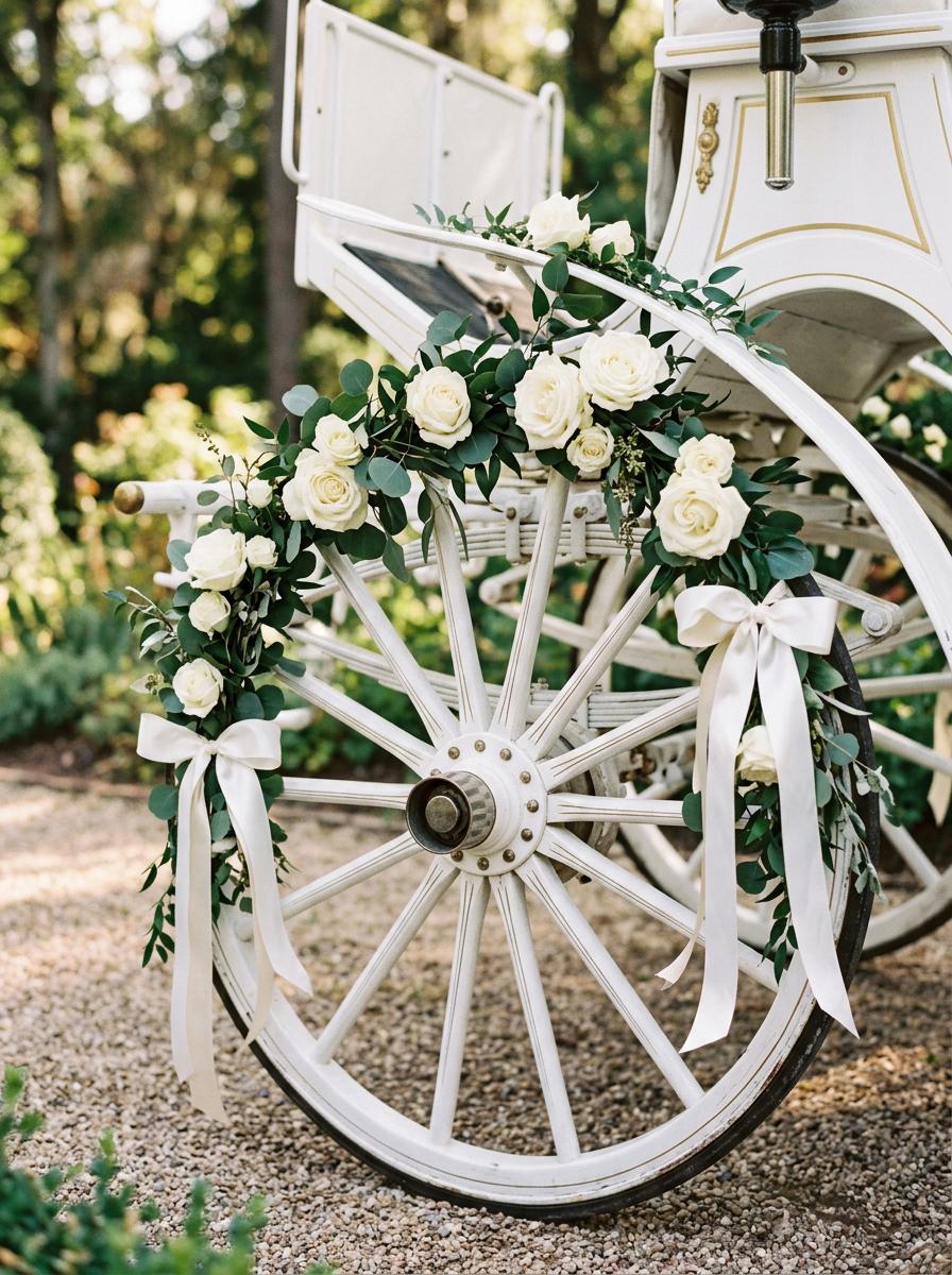 Beautifully decorated carriage wheel with flowers