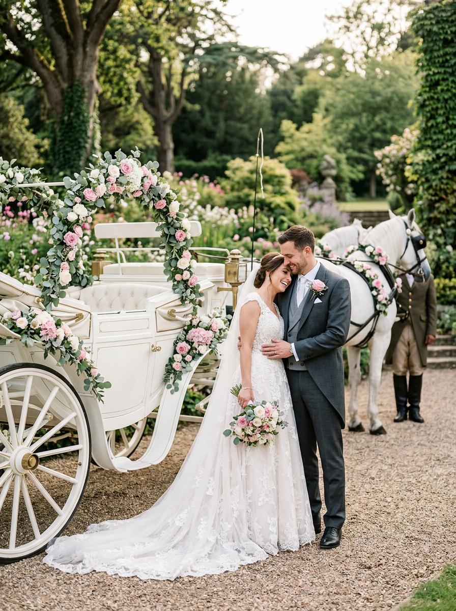 Happy couple posing with wedding carriage