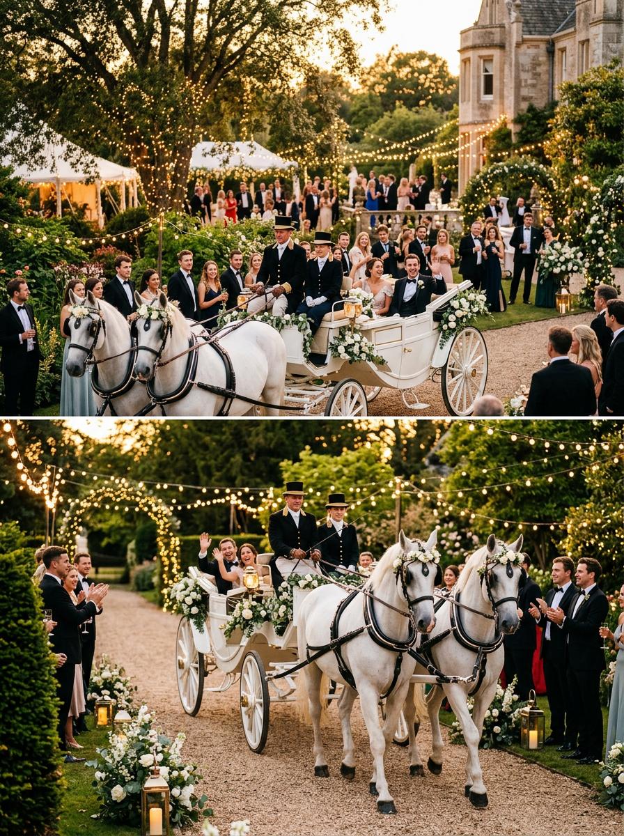 Private event carriage service - elegant horse-drawn carriage at garden party