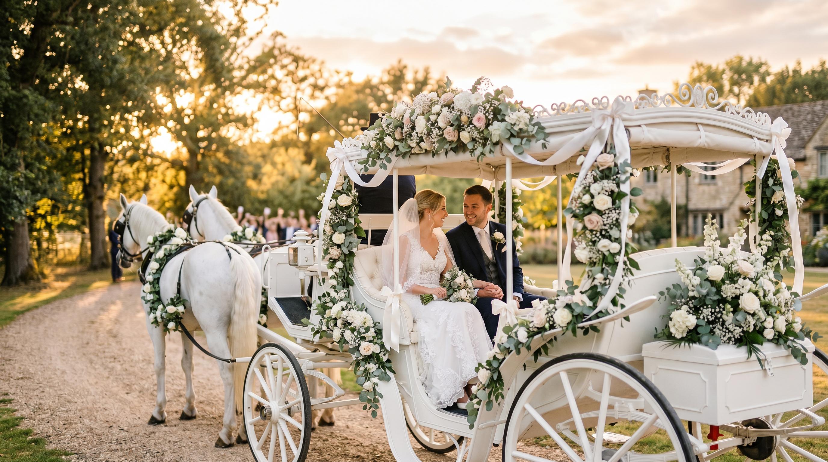 Romantic wedding carriage with bride and groom at sunset