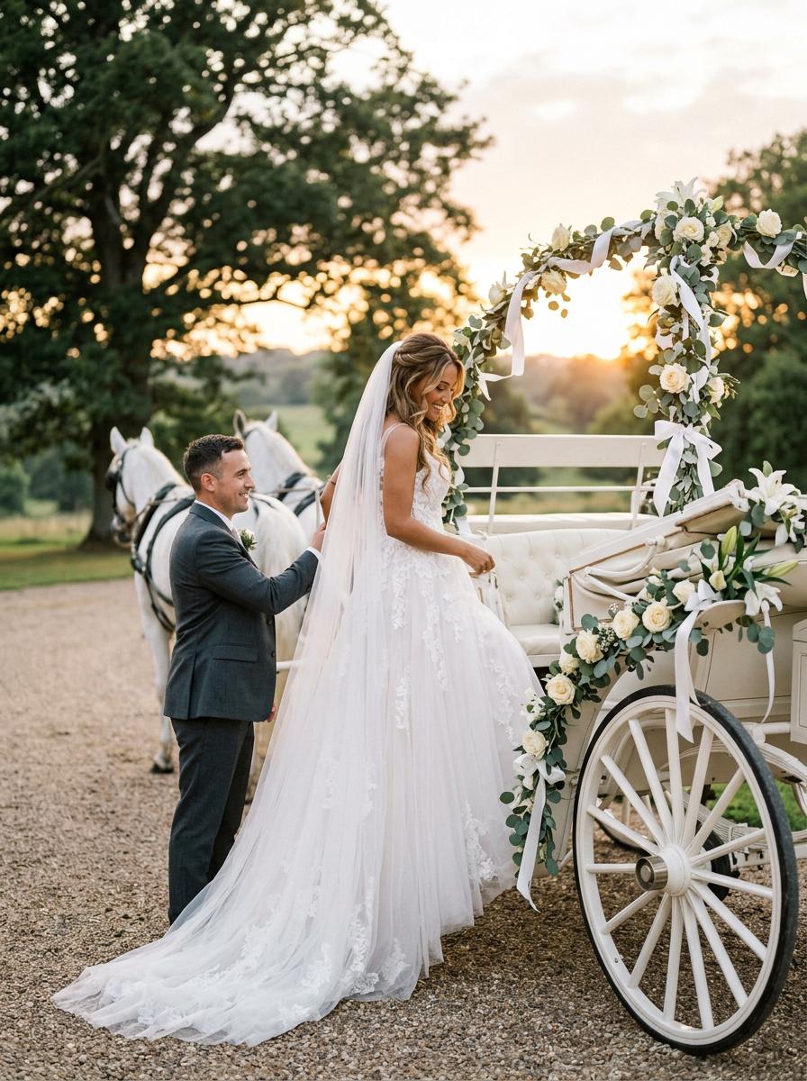 Wedding carriage service - bride arriving in elegant horse-drawn carriage