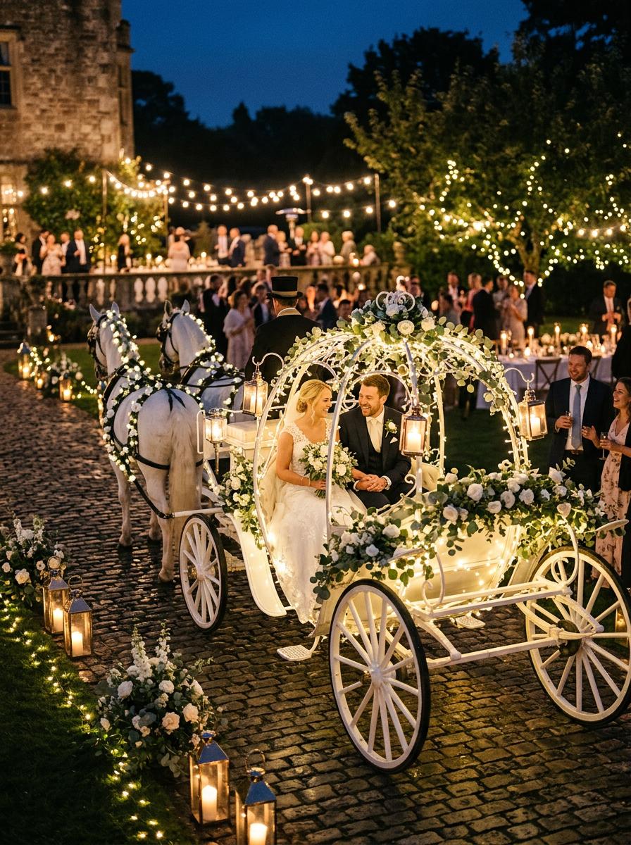 Evening wedding carriage with fairy lights